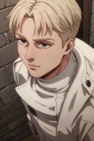 solo male, Colt Grice, blond hair, light hazel eyes, tall, Marleyan soldier uniform, (white collar shirt, spread collar), (light trench coat, open coat, light pants), tall combat boots, young, handsome, charming, alluring, standing, (portrait, headshot, close-up:1.3), perfect anatomy, perfect proportions, best quality, masterpiece, high_resolution, dutch angle, photo background, medieval italian city wide avenue, day, high building, multiple floor townhouse,masterpiece,1boy