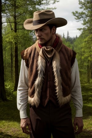 solo male, Artur Braus, Attack on Titan Anime style, hunter, shaggy brown hair, brown eyes, sideburns, beard, thin goatee, white shirt, (single vest), (brown fur trim vest, close vest:1.7), long sleeves, (loose red cravat:1.7), black pants, brown hat, mature, handsome, charming, alluring, standing, upper body, perfect anatomy, perfect proportions, best quality, masterpiece, high_resolution, dutch angle, cowboy shot, photo background, forest
