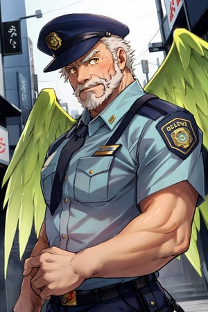 (1 image only), solo male, bara, Hogen, Tokyo Afterschool Summoners, Asain, Japanese, Tengu, old man, white hair, short hair, gold eyes, thick eyebrows, white facial hair, white beard, Japanese police uniform, Japanese police hat, pure aqua-color collared shirt, pure aqua-color sleeves, mature, blush, horny, handsome, charming, alluring, standing, upper body in frame, perfect anatomy, perfect proportions, 2D, anime, (best quality, masterpiece), (perfect eyes, perfect eye pupil), high_resolution, dutch angle, (Tokyo city street), better_hands, green wings,best quality