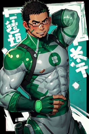 (1 image only), solo male, bara, Kyoichi Ootomo, Live A Hero, Asian, Japanese, hero, short hair, black hair, green streaked hair, sideburns, black eyes, facial hair, goatee, (wore glasses), tan skin, white bandaid on nose, goggles, grey&green bodysuit, skin tight, green fingerless gloves, smile, blush, mature, handsome, charming, alluring, standing, upper body, perfect anatomy, perfect proportions, (best quality, masterpiece), (perfect eyes, perfect eye pupil), perfect hands, high_resolution, dutch angle, Japanese city street