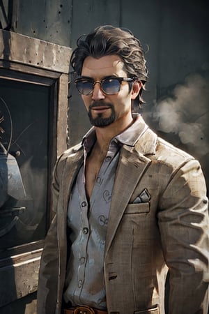1boy, solo, Ace Visconti, Dead By Dayligh, Argentinian of Italian descent, gambler, grey-streaked hair, facial hair, sunglasses, cap, damask print shirt, classic jacket, jeans, mature,manly, masculine, handsome, charming, alluring, dashing, smirk, (standing), (upper body in frame), dark background, fog, dark atmosphere, perfect light, perfect anatomy, perfect proportions, perfect perspective, 8k, HQ, (best quality:1.5, hyperrealistic:1.5, photorealistic:1.4, madly detailed CG unity 8k wallpaper:1.5, masterpiece:1.3, madly detailed photo:1.2), (hyper-realistic lifelike texture:1.4, realistic eyes:1.2), picture-perfect face, perfect eye pupil, detailed eyes, realistic, HD, UHD, portrait, looking outside frame,