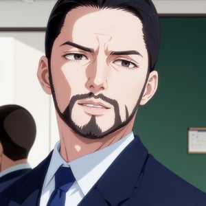 solo male, Maeda, Asobi Asobase, butler, black hair, short hair, black eyes, facial hair, dark blue 3 Piece Suit, formal, white collared shirt, red necktie, dark blue vest, dark blue jacket, dark blue pants, mature, handsome, charming, alluring, calm, polite, portrait, close-up, perfect anatomy, perfect proportions, best quality, masterpiece, high_resolution simple background, classroom, close eyes, parted lips, (from below:0.9), 