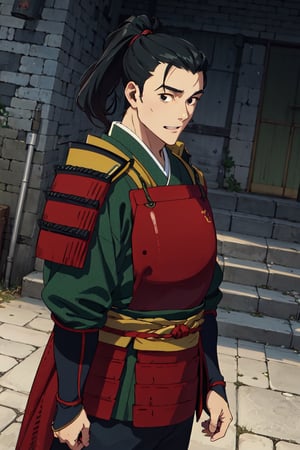 solo male, Shuro \(Delicious in Dungeon\), samurai, black eyes, black hair, ponytail, neat hair, shaved face, energetic, good mood, japanese armor, green Juban \(kimono\), breastplate, kusazuri, shoulder armor, sode, kote, puttee, sandals, handsome, charming, alluring, standing, upper body, perfect anatomy, perfect proportions, best quality, masterpiece, high_resolution, dutch angle, cowboy shot, photo background, 