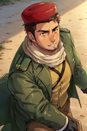 (1 image only), solo male, 1boy, Sadik Adnan, Turkey, Hetalia: Axis Powers, Turkish male, olive-skinned, facial hair, chinstrap stubble, sideburns, shaved philtrum, hairless philtrum, brown eyes, thick dark eyebrows, brown hair, short hair, long green coat, brown pants, knee-high boots, tan scarf, black gloves, grin, handsome, mature, charming, alluring, upper body in frame, perfect anatomy, perfect proportions, 8k, HQ, (best quality:1.2, hyperrealistic:1.2, photorealistic:1.2, masterpiece:1.3, madly detailed photo:1.2), (hyper-realistic lifelike texture:1.2, realistic eyes:1.2), high_resolution, perfect eye pupil, dutch angle,perfecteyes, red fez hat