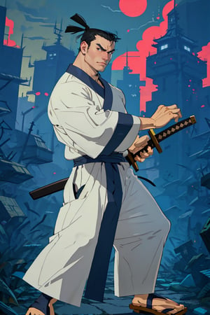 (1 image only), solo male, Samurai Jack, Cartoon Network style, Asian, Japanese, intense gaze, black hair, short topknot, black eyes, geta, white long kimono, white sashes, wide sleeves, mature, handsome, charming, alluring, uperfect anatomy, perfect proportions, (best quality, masterpiece), (perfect hands), high_resolution, dutch angle, cowboy shot, fine art, (2d, flat), (single placket),  fighting_stance, holding sword, (perfect sword), battoujutsu, red and black cityscape,Flat Illustration