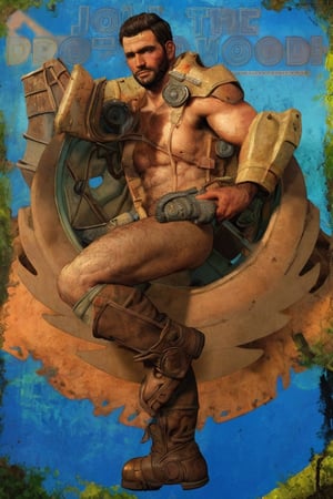 solo male, realistic, Paladin Danse, Fallout 4, short hair, warm black hair, light brown eyes, facial hair, (toplee, shirtless, bare neck, bare shoulders, bare arms, bare chest, bare belly), boots, mature, handsome, charming, alluring, ((portrait, headshot, close-up)), perfect anatomy, perfect proportions, best quality, masterpiece, high_resolution, dutch angle, photo background, ruined overhead interstate, Fallout 4 location, post-apocalyptic ruins, desolated landscape, dark blue sky,Masterpiece