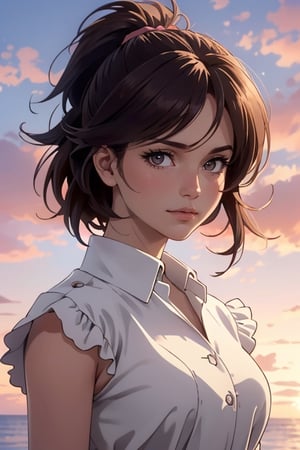 1 girl, HangeAOT, dark brown hair, light brown eyes, fit body, charming, alluring, (standing), (upper body in frame), simple background, endless ocean, pink cloudy sky, dawn, 1910s harbor, only1 image, perfect anatomy, perfect proportions, perfect perspective, 8k, HQ, (best quality:1.5, hyperrealistic:1.5, photorealistic:1.4, madly detailed CG unity 8k wallpaper:1.5, masterpiece:1.3, madly detailed photo:1.2), (hyper-realistic lifelike texture:1.4, realistic eyes:1.2), picture-perfect face, perfect eye pupil, detailed eyes, realistic, HD, UHD, (front view, symmetrical picture, vertical symmetry:1.2), look at viewer
