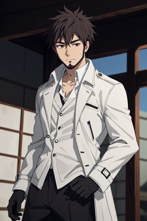solo male, Genma Shizume, Asian, Japanese, black hair, chinstrap beard, sideburns, black eyes, calm eyes, slitty eyes, (white collared shirt, black neckti, black jacket), ((brown overcoat, open overcoat)), black pants, black gloves, mature, masculine, handsome, charming, allurin, smile, standing, upper body, perfect anatomy, perfect proportions, (best quality, masterpiece, high_resolution:1.3), perfect eyes, dutch angle, cowboy shot