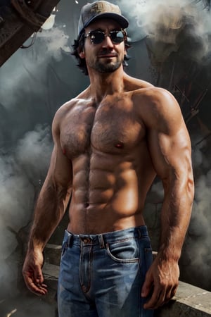 1boy, solo, Ace Visconti, Dead By Dayligh, Argentinian of Italian descent, gambler, grey-streaked hair, facial hair, sunglasses, (cap), topless), bare chest, jeans, mature, manly, masculine, handsome, charming, alluring, dashing, smirk, (standing), (upper body in frame), dark background, fog, dark atmosphere, cinematic light, perfect anatomy, perfect proportions, perfect perspective, 8k, HQ, (best quality:1.5, hyperrealistic:1.5, photorealistic:1.4, madly detailed CG unity 8k wallpaper:1.5, masterpiece:1.3, madly detailed photo:1.2), (hyper-realistic lifelike texture:1.4, realistic eyes:1.2), picture-perfect face, perfect eye pupil, detailed eyes, realistic, HD, UHD, portrait, looking outside frame, side view