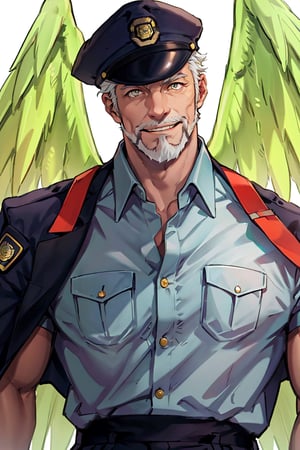 (1 image only), solo male, bara, Hogen, Tokyo Afterschool Summoners, Asain, Japanese, Tengu, old man, white hair, short hair, gold eyes, thick eyebrows, white facial hair, white beard, Japanese police uniform, Japanese police hat, pure aqua-color collared shirt, pure aqua-color sleeves, (black jacket on shoulders), grin, mature, handsome, charming, alluring, standing, upper body in frame, perfect anatomy, perfect proportions, 2D, anime, (best quality, masterpiece), (perfect eyes, perfect eye pupil), high_resolution, dutch angle, (Tokyo city street), better_hands, green wings,best quality