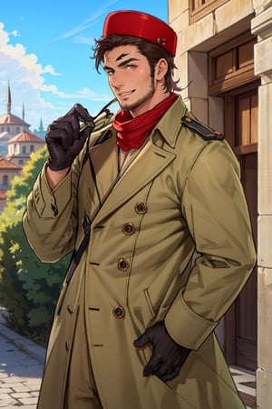 (1 image only), (solo male), 1boy, Sadik Adnan, Turkey, Hetalia: Axis Powers, Turkish male, olive-skinned, facial hair, chinstrap stubble, sideburns, (white eyemask:1.2), brown hair, short hair, grin, (red fez hat), tan scarf, long green military trench coat, brown pants, knee-high boots, black gloves, handsome, mature, charming, alluring, upper body, perfect anatomy, perfect proportions, 8k, HQ, (best quality:1.2, hyperrealistic:1.2, photorealistic:1.2, masterpiece:1.3, madly detailed photo:1.2), (hyper-realistic lifelike texture:1.2, realistic eyes:1.2), high_resolution, perfect eye pupil, (standing), perfecteyes, Hagia sophia loction, Istanbul building, better_hands, perfecteyes