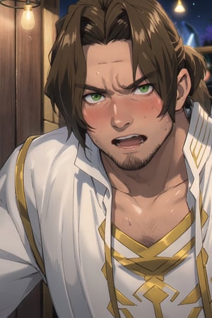 solo male, Sein \(Frieren: Beyond Journey's End\), priest, brown hair, low ponytail, parted bangs, thin hair, stubble, green eyes, (white collared shirt, open shirt), pecs, collarbone, (portrait, close-up, headshot), drunken, blush, sweatdrop, wide-eyed, blush, awkward, embarrassed, sweaty shiny skin, handsome, charming, alluring, perfect anatomy, perfect proportions, best quality, masterpiece, high_resolution, dutch angle, photo background, indoor, table, old tavern, night, beer