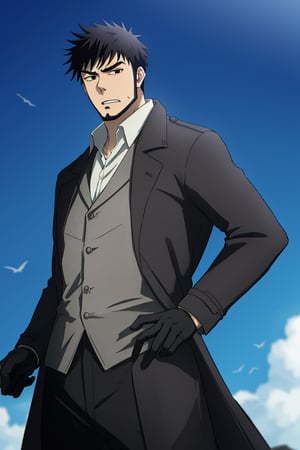 (1 image only), solo male, Genma Shizume, Darker than Black, Asian, Japanese, black hair, chinstrap beard, sideburns, black eyes, thick eyebrows, white collared shirt, black neckti, black jacket, brown overcoat, open overcoat, black pants, black gloves, mature, handsome, charming, allurin, standing, upper body, perfect anatomy, perfect proportions, best quality, masterpiece high_resolution, dutch angle, cowboy shot  