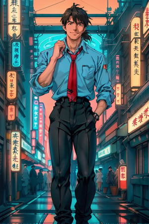 (1 image only), solo male, Ryoji Kaji, Neon Genesis Evangelion, Asian, Japanese, dark brown hair, bangs, short ponytail, dark brown eyes, (thin stubble), pure blue collared shirt, red sleeves rolled up, necktie, black pants, smile, (mature, masculine), handsome, charming, alluring, perfect anatomy, perfect proportions, (best quality, masterpiece), ((perfect eyes, perfect eye pupil)), perfect hands, high_resolution, dutch angle, standing, (clapping hands) (simple blue ocean background, simple blue sky, sunny), walking, (black jacket over shoulder), neon_nouveau, Art Deco cyberpunk, neon-lit cityscapes, retro-futuristic fashion and architecture, Futuristic Deco, Neon Elegance, Cyber-Vintage, Techno-Glam, Neon Revival