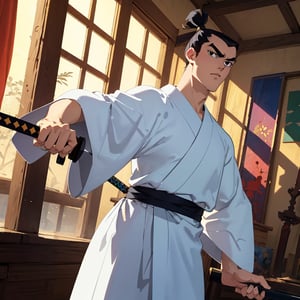 (1 image only), solo male, Samurai Jack, Cartoon Network style, Asian, Japanese, black hair, topknot, black eyes, geta, white kimono, white sashes, wide sleeves, mature, handsome, charming, alluring, uperfect anatomy, perfect proportions, (best quality, masterpiece), perfect hands, high_resolution, dutch angle, cowboy shot, fine art, (2d, flat), (single placket),  fighting_stance, holding sword