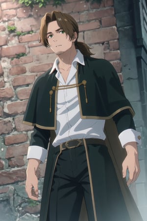 solo male, Sein \(Frieren: Beyond Journey's End\), priest, brown hair, low ponytail, parted bangs, thin hair, stubble, green eyes, white collared shirt, (shirt white hems, untucked shirt:1.3), dark coat with a golden accent, dark capelet, dark sleeves, black pants, black footwear. open coat, mature, handsome, charming, alluring, standing, upper body, perfect anatomy, perfect proportions, best quality, masterpiece, high_resolution, dutch angle, cowboy shot, photo background, old city