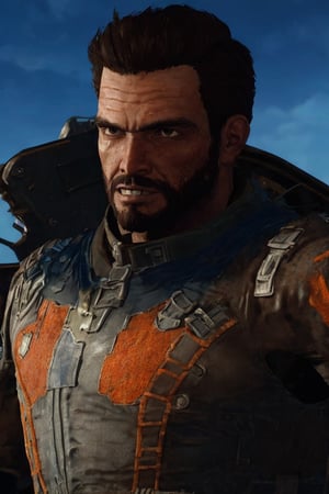 solo male, realistic, Paladin Danse, Fallout 4, short hair, warm black hair, light brown eyes, beard, orange-gray Brotherhood of Steel uniform, orange-gray bodysuit, gloves, boots, mature, handsome, charming, alluring, ((portrait, headshot, close-up)), perfect anatomy, perfect proportions, best quality, masterpiece, high_resolution, dutch angle, photo background, ruined overhead interstate, Fallout 4 location, post-apocalyptic ruins, desolated landscape, dark blue sky,Masterpiece