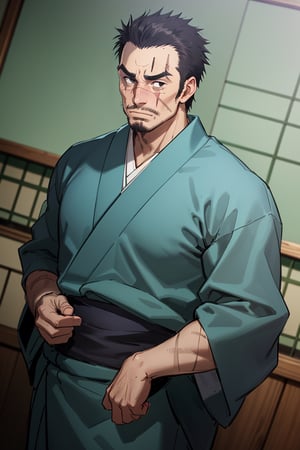 solo male, Gōzaburō Seto, My Bride is a Mermaid, Japanese, short hair, black hair,  black eyes, facial hair, thick eyebrows, scar on face, scar on nose, scar across eye, sideburns, yukata, japanese sandals, mature, handsome, charming, alluring, standing, upper body, perfect anatomy, perfect proportions, best quality, masterpiece, high_resolution, dutch angle, cowboy shot, photo background