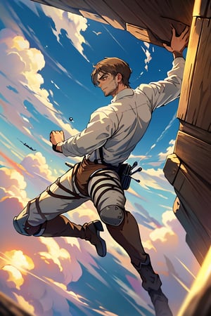 Jean Kirstein(brown hair, stubble, light brown eyes), ((pure white collared shirt, fit shirt)), mature, manly, hunk, charming, alluring, seductive, highly detailed face, detailed eyes, perfect light, flying on blue sky, dangling, simple back ground, empty sky with cloud, (best quality), (8k), (masterpiece), best quality, 1 image, perfect anatomy, perfect proportions, perfect perspective, (AttackonTitan, wearing Omni-directional mobility gear), ((full body in frame)), dutch angle, dynamic, (Hands:1.1), better_hands