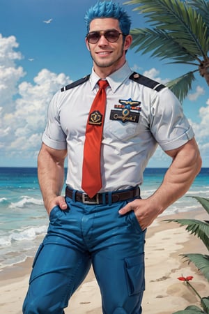 (1 image only), solo male, Wilbur, Animal Crossing, personification, pure blue hair, short hair, black eyes, blue facial hair, jawline stubble, aviation pilot uniform, white collor shirt, red necktie, epaulette, aviator sunglasses, blue pants, socks, black footwear, bandaid on nose, mature, dilf, bara, handsome, charming, alluring, grin, standing, upper body, hand in pocket, perfect anatomy, perfect proportions, (best quality, masterpiece), (perfect eyes, perfect eye pupil), perfect hands, high_resolution, dutch angle, cowboy shot, seaside, summer