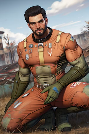 perfect anatomy, perfect proportions, best quality, masterpiece, high_resolution, high quality, best aesthetic, incredibly absurdres, highres, extremely detailed, huge filesize, mature, masculine, manly, virile, handsome, charming, alluring, bara, male focus, solo male, cowboy shot, dutch angle, source_game \(Fallout 4\), official style \(Fallout 4\),  Danse, FO4Danse , black hair, short hair, light brown eyes, facial hair, beard, Danse_Outfit02, T-60 power armor \(Fallout 4\), power armor, outdoors, Fallout 4 location, post-apocalyptic ruins, desolated landscape, dark blue sky