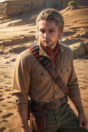 1boy, solo, Revolver Ocelot, 40 years old, grey eyes, white hair, stubble, topless, shirtless, dark brown canvas pants, knee-high cowboy boots with spurs, red gloves, brown leather bandolier, belt, holster, handsome, mature, masculine, virile, confidence, charming, alluring, upper body in frame, (Afghanistan desert:1.3), sky, perfect anatomy, perfect proportions, 8k, HQ, (best quality:1.5, hyperrealistic:1.5, photorealistic:1.4, madly detailed CG unity 8k wallpaper:1.5, masterpiece:1.3, madly detailed photo:1.2), (hyper-realistic lifelike texture:1.4, realistic eyes:1.2), high_resolution, picture-perfect face, perfect eye pupil, detailed eyes,  perfecteyes, perfecteyes, dutch angle, dynamic