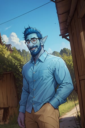 (1 image only), solo male, Wilden Lightfoot, Pixar Animation Onward, blue skin, dark blue hair, short hair, brown eyes, thick eyebrows, pointy ears, facial hair, beard, black-framed-glasses, (white collared shirt:1.2), khaki pants, mature, bara, dilf, handsome, charming, alluring, smile, standing, upper body, perfect anatomy, perfect proportions, (best quality, masterpiece), (perfect eyes, perfect eye pupil), perfect hands, high_resolution, dutch angle, cowboy shot, green field