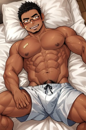 (1 image only), solo male, bara, Kyoichi Ootomo, Live A Hero, Asian, Japanese, hero, short hair, black hair, green streaked hair, sideburns, black eyes, facial hair, goatee, (wore glasses), tan skin, white bandaid on nose, glasses, complete topless, shirtless, grey athletic shorts, shy, blush, smile, mature, handsome, charming, alluring, laying on bed, on back, perfect anatomy, perfect proportions, (best quality, masterpiece), (perfect eyes, perfect eye pupil), perfect hands, high_resolution, dutch angle