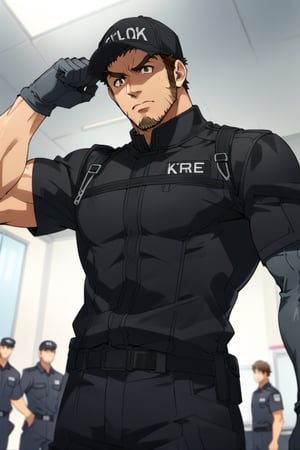 score_9, score_8_up, score_7_up, score_6_up, perfect anatomy, perfect proportions, best quality, masterpiece, high_resolution, high quality, best aesthetic, incredibly absurdres, highres, extremely detailed, huge filesize, mature, masculine, manly, virile, handsome, charming, alluring, bara, male focus, solo male, cowboy shot, dutch angle, source_anime \(Cells at Work! CODE BLACK\), anime coloring \Cells at Work! CODE BLACK\), Memory T Cell \(Cells at Work! CODE BLACK\), CaWBlMemoryTCell, brown hair, brown eyes, thick eyebrow, long sideburns, facial hair, stubble, CaWBKillerTCell_outfit, black cap, Killer T Cell cap \(Cells at Work\), Killer T Cell uniform \(Cells at Work\), black shirt, short sleeves, black pants. from below, low angle, flexing, 
