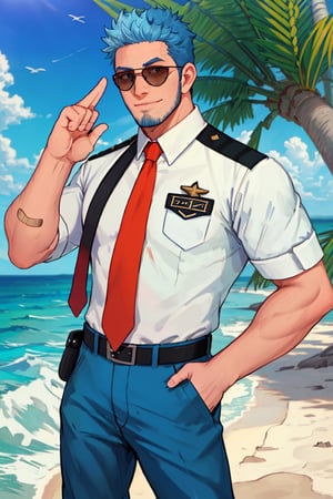 (1 image only), solo male, Wilbur, Animal Crossing, personification, pure blue hair, short hair, black eyes, blue facial hair, jawline stubble, aviation pilot uniform, white collor shirt, red necktie, epaulette, aviator sunglasses, blue pants, socks, black footwear, bandaid on nose, mature, dilf, bara, handsome, charming, alluring, grin, standing, upper body, hand in pocket, (two-finger salute:1.2), perfect anatomy, perfect proportions, (best quality, masterpiece), (perfect eyes, perfect eye pupil), perfect hands, high_resolution, dutch angle, cowboy shot, seaside, summer