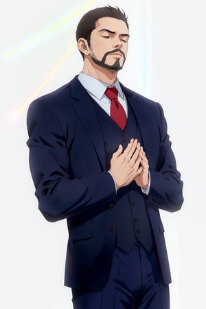 solo male, Maeda, Asobi Asobase, butler, black hair, short hair, black eyes, facial hair, dark blue 3 Piece Suit, formal, white collared shirt, red necktie, dark blue vest, dark blue jacket, dark blue pants, mature, handsome, charming, alluring, calm, polite, standing, upper body, perfect anatomy, perfect proportions, best quality, masterpiece, high_resolution, dutch angle, cowboy shot, (simple background, white background), (light rays, closed eyes, folding hands together), ( shoot lasers from his buttocks)