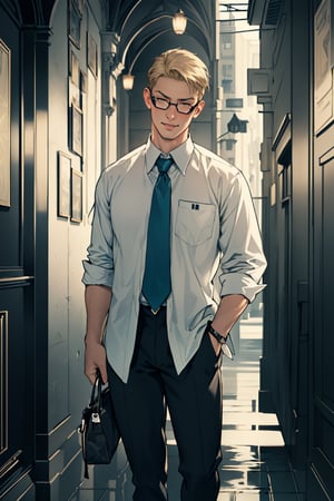 reiner braun, hazel eyes, blond hair, short hair, bare forehead, (stubble:1.2), (wore rectangular spectacles framed glasses:1.2), (light blue collared shirt:1.3, deep blue necktie:1.2, black pants), fit body, manly, hunk, masculine, virile, confidence, charming, alluring, smile, standing, (upper body in frame), 1920s artdeco style room, golden and black background, perfect light, perfect anatomy, perfect proportions, perfect perspective, 8k, HQ, (best quality:1.5, hyperrealistic:1.5, photorealistic:1.4, madly detailed CG unity 8k wallpaper:1.5, masterpiece:1.3, madly detailed photo:1.2), (hyper-realistic lifelike texture:1.4, realistic eyes:1.2), picture-perfect face, perfect eye pupil, detailed eyes, realistic, HD, UHD, look at viewer, solo,art_deco_fusion