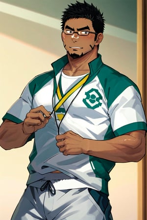 (1 image only), solo male, bara, Kyoichi Ootomo, Live A Hero, Asain, Japanese, athlete, PE teacher, short hair, black hair, streaked hair, sideburns, black eyes, facial hair, goatee, (wore glasses), tan skin, white bandaid on nose, white shirt, (green athletic jacket), grey shorts, sneakers, mature, handsome, charming, alluring, standing, upper body, perfect anatomy, perfect proportions, 2D, anime, (best quality, masterpiece), (perfect eyes, perfect eye pupil), perfect hands, high_resolution, dutch angle