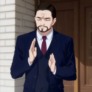 (Pacha Meme, closed eyes). (solo male), Maeda, Asobi Asobase, butler, black hair, short hair, black eyes, facial hair, dark blue 3 Piece Suit, formal, white collared shirt, red necktie, dark blue vest, dark blue jacket, dark blue pants, mature, handsome, charming, alluring, portrait, close-up, perfect anatomy, perfect proportions, best quality, masterpiece, high_resolution,PachaMeme