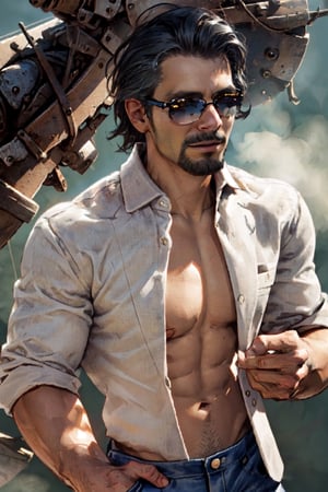 1boy, solo, Ace Visconti, Dead By Dayligh, Argentinian of Italian descent, gambler, grey-streaked hair, facial hair, sunglasses, (cap), damask print shirt, (open shirt:1.2), bare chest jeans, mature, manly, masculine, handsome, charming, alluring, dashing, smirk, (standing), (upper body in frame), dark background, fog, dark atmosphere, cinematic light, perfect anatomy, perfect proportions, perfect perspective, 8k, HQ, (best quality:1.5, hyperrealistic:1.5, photorealistic:1.4, madly detailed CG unity 8k wallpaper:1.5, masterpiece:1.3, madly detailed photo:1.2), (hyper-realistic lifelike texture:1.4, realistic eyes:1.2), picture-perfect face, perfect eye pupil, detailed eyes, realistic, HD, UHD, portrait, looking outside frame, side view