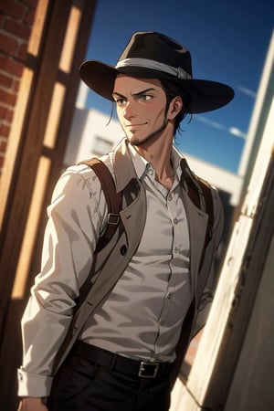 solo male, Kenny Ackerman, Attack on Titan Anime style, brown hair, hair slicked back, grey eyes, sideburns,  thin beard along jawline, shaved face, (white collared shirt), black trench coat, (dark fedora hat), black pants, athletic build, mature, handsome, charming, alluring, smirk, standing, upper body, perfect anatomy, perfect proportions, best quality, masterpiece, high_resolution, dutch angle, cowboy shot, photo background, 