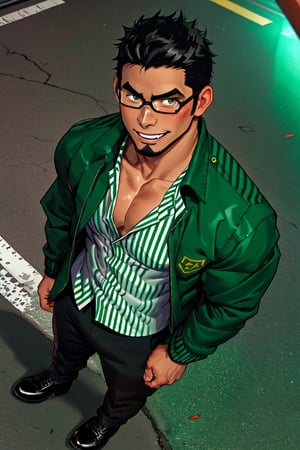 (1 image only), solo male, bara, Kyoichi Ootomo, Live A Hero, Asian, Japanese, hero, short hair, black hair, green streaked hair, sideburns, black eyes, facial hair, goatee, (wore glasses), tan skin, white bandaid on nose, glasses, (pure black jacket:1.3), (complete white/green striped collared shirt, tucked in shirt:1.3), black pants, black leather shoes, smile, blush, mature, handsome, charming, alluring, standing, upper body, perfect anatomy, perfect proportions, (best quality, masterpiece), (perfect eyes, perfect eye pupil), perfect hands, high_resolution, dutch angle, night at Tokyo city street