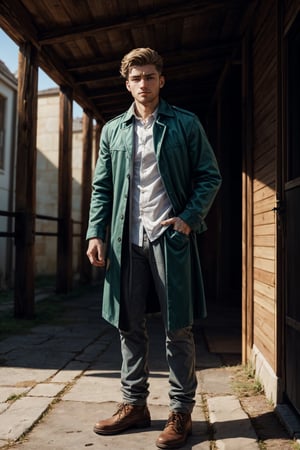 porco_galliard, hazel eyes, undercut, messy, bare forehead, fit body, manly, hunk, masculine, (pure white collared shirt:1.2), (open green trench coat:1.2), messy clothing, masculine, virile, charming, alluring, dejected, depressed, tired, exhausted, tear in eyes, smirk, standing, (upper body in frame), medieval brick european town street, blue sky, cloudy, mist, steamy, perfect light, perfect anatomy, perfect proportions, perfect perspective, 8k, HQ, (best quality:1.5, hyperrealistic:1.5, photorealistic:1.4, madly detailed CG unity 8k wallpaper:1.5, masterpiece:1.3, madly detailed photo:1.2), (hyper-realistic lifelike texture:1.4, realistic eyes:1.2), picture-perfect face, perfect eye pupil, detailed eyes, realistic, HD, UHD, (front view:1.2), look at viewer, scars on face, weathered, wounds, blood, solo, dutch_angle, outdoor