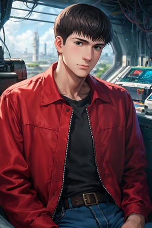 score_9,score_8_up,score_7_up, solo male, Ryuji Satake, black hair, black eyes, black t-shirt, (red jacket, open jacket, long sleeves), (upperbody), from front, mature, handsome, charming, alluring, masculine, calm, close mouth, look at viewer, sitting, huge industrial mecha, perfect anatomy, perfect proportions, best quality, masterpiece, high_resolution, (symmetrical picture, front view), photo background, science fiction, cinematic still, emotional, harmonious, vignette, bokeh, cinemascope, moody, epic, gorgeous, city ruins, 