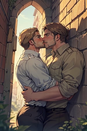 perfect anatomy, perfect proportions, perfect perspective, couple, ((2people)), first man giver (jean_kirstein, brown hair, stubble, light brown eyes),second mature man receiver(reiner braun, blond hair, stubble, hazel eyes), ((pure white collared shirt, fit shirt, roll-up sleeves)), stubble, dilf, different hair style, different hair color, different face, makeout, eye contact, gay, homo, slight shy, charming, alluring, seductive, highly detailed face, detailed eyes, perfect light, on 1910s city wall, military, retro, (best quality), (8k), (masterpiece), best quality, 1 image, rugged, manly, hunk, kissing on cheek
