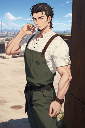 (1 image only), solo male, Kaburagi, Deca Dence, greying black hair, slicked back hair, thick eyebrows, sideburns, goatee, green eyes, scar, tucked-in wide necked short-sleeved white shirt, sleeves tucked up and buttoned, short sleeves, olive wide worker pants, black belt tied, brown boots. simplpe leather bracelet, toned male, mature, handsome, charming, alluring, standing, perfect anatomy, perfect proportions, best quality, masterpiece, high_resolution, dutch angle, outdoors, day, blue sky, science fiction, citadel on sky, photo background, better_hands, (perfect hand, perfect fingers:1.4)