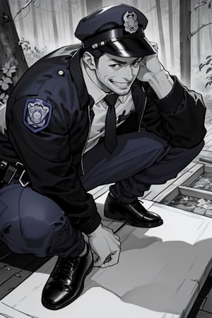 (1 image only), solo male, Agawa Daigo, Gannibal, Asian ,Japanese, black hair, short hair, thin stubble, black eyes, policeman, white collared shirt, dark blue necktie, black jacket, long sleeves, black sleeves, (buttoned up jacket), dark blue pants, black shoes, police peaked cap, (adjusting cap), mature, handsome, charming, alluring, perfect anatomy, perfect proportions,(perfect eyes), perfect hands, rural, pastoral, forest, creep, suspense, horror, manga, greyscale, monochrome, (manga brushwork style, traditional drawing), (close-up), looking_at_viewer, grin