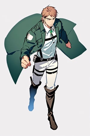 score_9, score_8_up, score_7_up, solo male, Jean Kirstein, brown hair, light-brown eyes, thin eyebrows, facial hair, stubble, (green-overcoat, long-overcoat) white collared shirt, white pants, bolo tie, combat boots, handsome, charming, alluring, (full body:1.4), perfect anatomy, perfect proportions, best quality, masterpiece, high_resolution, cowboy shot, (white background, simple background), view from above