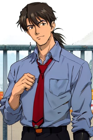 (1 image only), solo male, Ryoji Kaji, Neon Genesis Evangelion, Asian, Japanese, dark brown hair, bangs, short ponytail, dark brown eyes, thin stubble, blue collared shirt, red sleeves rolled up, necktie, black pants, mature, handsome, charming, alluring, standing, upper body, perfect anatomy, perfect proportions, 2D, anime, (best quality, masterpiece), (perfect eyes, perfect eye pupil), perfect hands, high_resolution, dutch angle