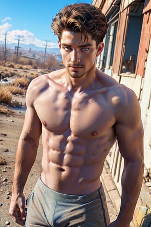 Robert MacCready, blue eyes, light brown hair, (facial hair), (complete topless, shirtless, bottomless, nude:1.5), fit body, handsome, charming, alluring, shy, erotic, dashing, intense gaze, (standing), (upper body in frame), ruined overhead interstate, Fallout 4 location, post-apocalyptic ruins, desolated landscape, dark blue sky, polarising filter, perfect light, only1 image, perfect anatomy, perfect proportions, perfect perspective, 8k, HQ, (best quality:1.2, hyperrealistic:1.2, photorealistic:1.2, madly detailed CG unity 8k wallpaper:1.2, masterpiece:1.2, madly detailed photo:1.2), (hyper-realistic lifelike texture:1.2, realistic eyes:1.2), picture-perfect face, perfect eye pupil, detailed eyes, realistic, HD, UHD, s0ftabs, (bare arms, bare shoulders, bare chest, bare neck:1.5), dutch_angle, side_view , VPL