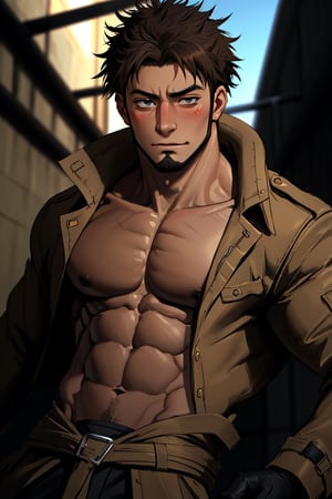 solo male, Genma Shizume, Asian, Japanese, black hair, chinstrap beard, sideburns, black eyes, calm eyes, slitty eyes, intense gaze, blush, shy,  (topless, bare chest, bare neck, bare belly, bare abdomen), (light brown trench coat, open trench coat:1.2), black pants, black gloves, mature, masculine, handsome, charming, allurin, smile, upper body, perfect anatomy, perfect proportions, (best quality, masterpiece, high_resolution:1.3), (perfect eyes, perfecteyes:1.3),perfecteyes,1boy