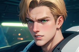 score_9, score_8_up, score_7_up, score_6_up, perfect anatomy, perfect proportions, best quality, masterpiece, high_resolution, high quality, aesthetic, absurdres, solo male, Lewis Smith, blond hair, short hair, sideburns, green eyes, nude, mecha cockpit, (close up, headshot), mature, handsome, charming, alluring, masculine, serious, intense eyes, v-shaped eyebrows, mad, passionate, grin, bruise, look outside, leaning forward, sitting, mecha cockpit, BREAK ((eyes focus, cropped, dutch angel)), dark background, science fiction, cinematic, cinematic still, emotional, harmonious, bokeh, cinemascope, moody, epic, gorgeous, inside the mecha, BREAK (emphasis lines, motion lines, motion blur)