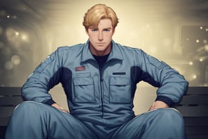 score_9, score_8_up, score_7_up, score_6_up, perfect anatomy, perfect proportions, best quality, masterpiece, high_resolution, high quality, solo male, Lewis Smith, blond hair, short hair, sideburns, blue eyes, black undershirt, pilot jumpsuit, long sleeves, grey jumpsuit, two-tone jumpsuit, tactical gloves, black boots, adult, mature, masculine, manly, handsome, charming, alluring, seductive, (full body), (spread legs, show butt, spread crotch, hands on own butt, feet out of frame), blush, shy, grin, embarrassed, pilot seat, sitting inside the mecha, mecha cockpit, science fiction, holography display, photo background, cinematic, harmonious, bokeh, cinemascope, moody, epic, gorgeous