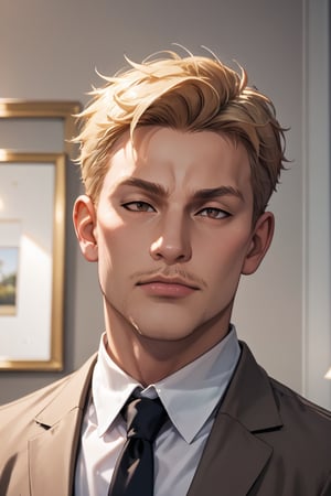 score_9, score_8_up, score_7_up, solo male, Reiner Braun, blond hair, short hair, flat hair, hazel eyes, thin eyebrows, tall, white collared shirt, black necktie, brown suit jacket, brown  pants, black shoes, handsome, charming, alluring, (headshot, close-up:1.2), upper body, perfect anatomy, perfect proportions, best quality, masterpiece, high_resolution, photo background, (perfect face, perfect eyes:1.3), holding a pure white A4 paper, sniffing a pure A4 white paper, ((enjoy face)), closed eyes, writing paper below nose, paper above mouth