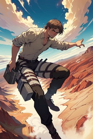 Jean Kirstein(brown hair, stubble, light brown eyes), ((pure white collared shirt, fit shirt, black pants)), mature, manly, hunk, charming, alluring, seductive, highly detailed face, detailed eyes, perfect light, ((only 2 legs, perfect legs)), ((floating in the air, flying on very high sky, dangling)), simple background, empty sky with cloud, (best quality), (8k), (masterpiece), best quality, 1 image, perfect anatomy, perfect proportions, perfect perspective, (AttackonTitan, wearing Omni-directional mobility gear), ((full body in frame)), dutch angle, dynamic, (Hands:1.1), better_hands, (red rock desert in background distant, vast steamy smoke on the ground in far horizon)